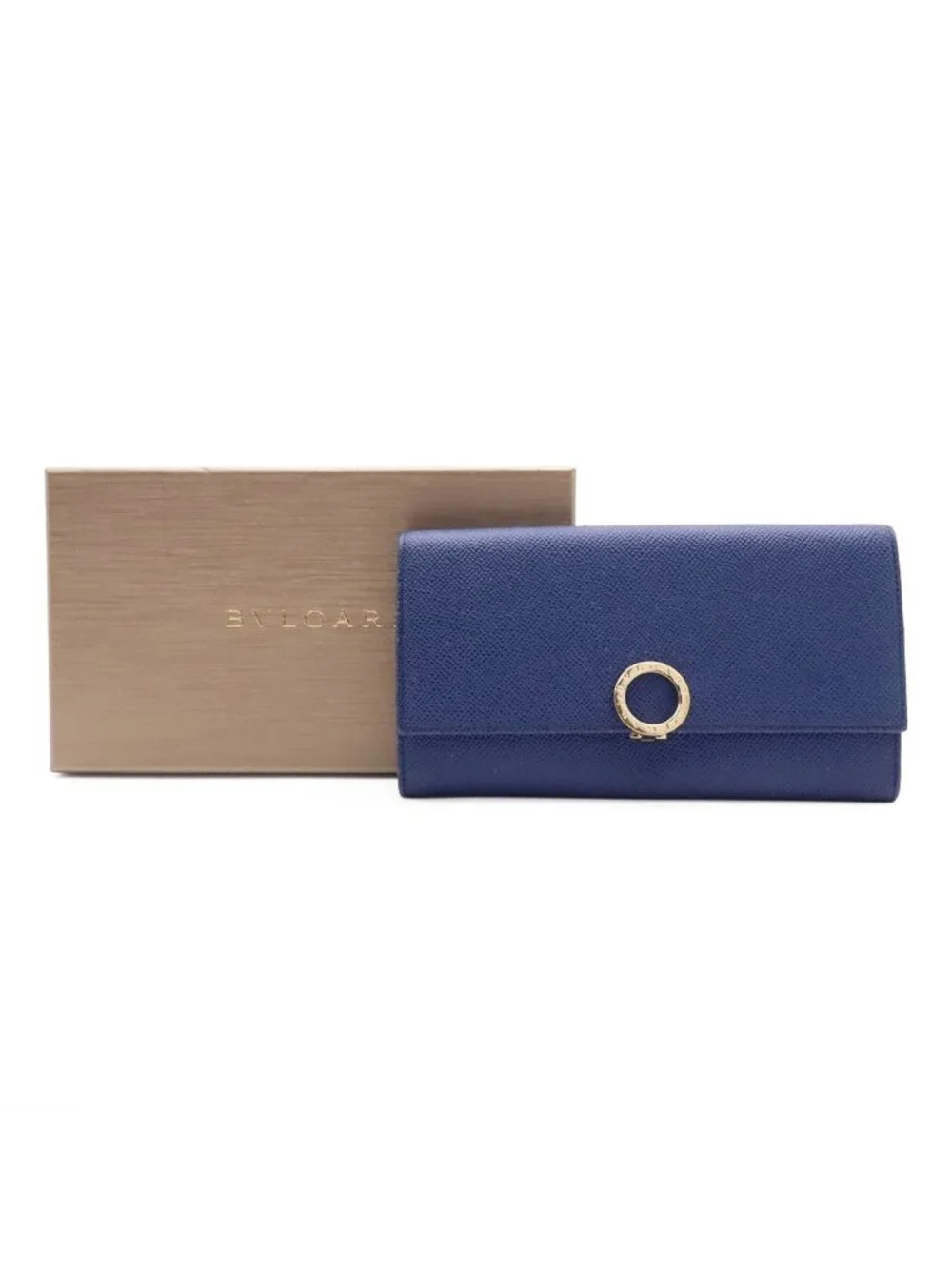 Bvlgari Logo Clip Bifold Wallet Calf Leather Blue Dahlia Gold
